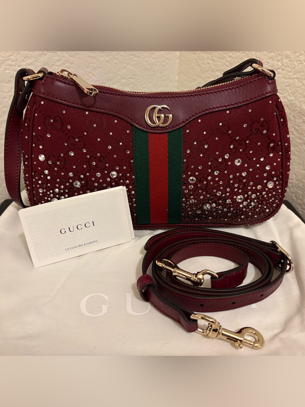 Gucci Ophidia Rosso Crystal Small Crossbody Shoulder Bag Burgundy Red